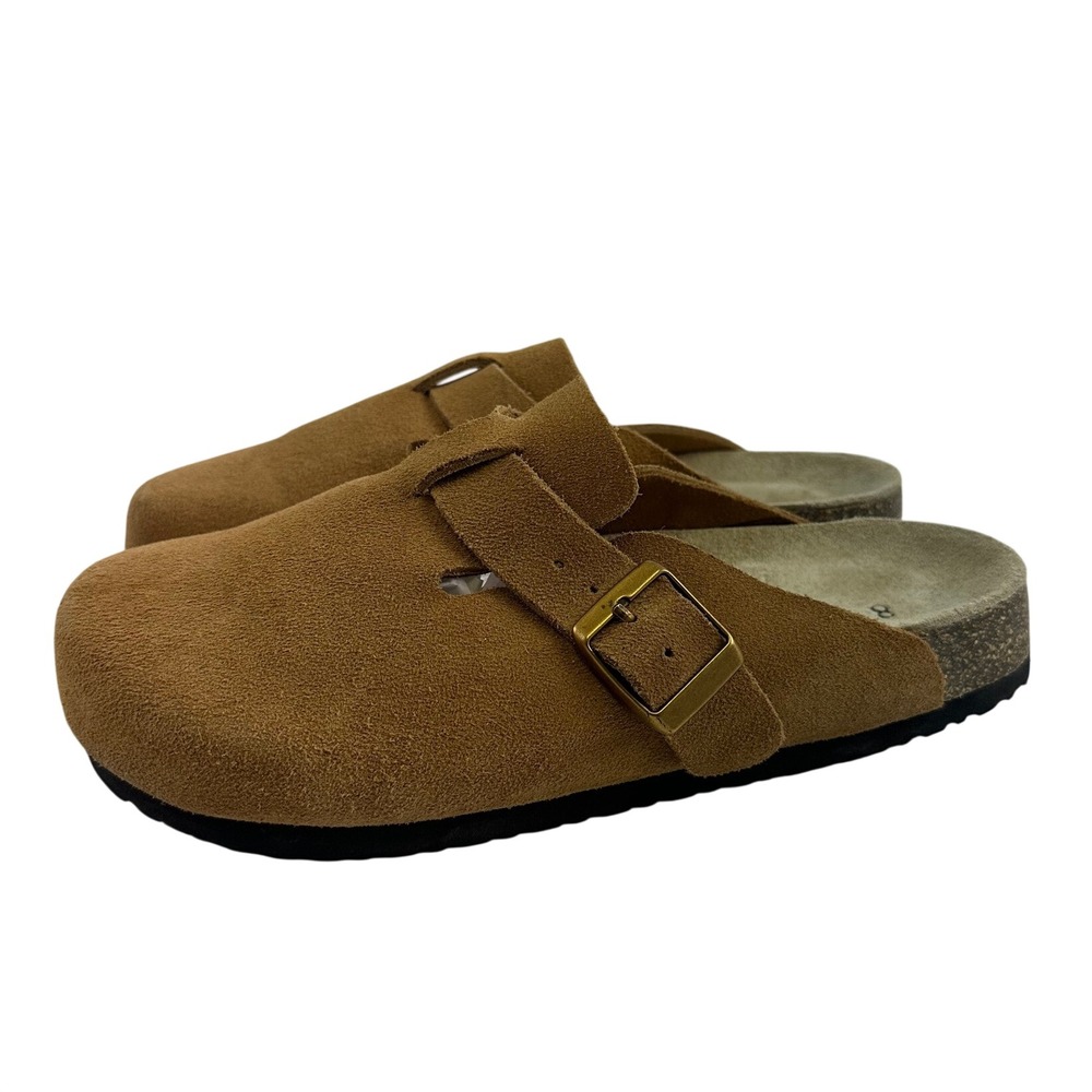 Quince Water Repellent Suede Clog Mule Cafe Brown Buckle Cork Footbed Womens 8